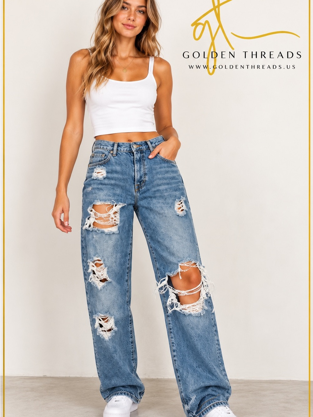Golden Threads Women's Distressed High-Rise Blue Jeans